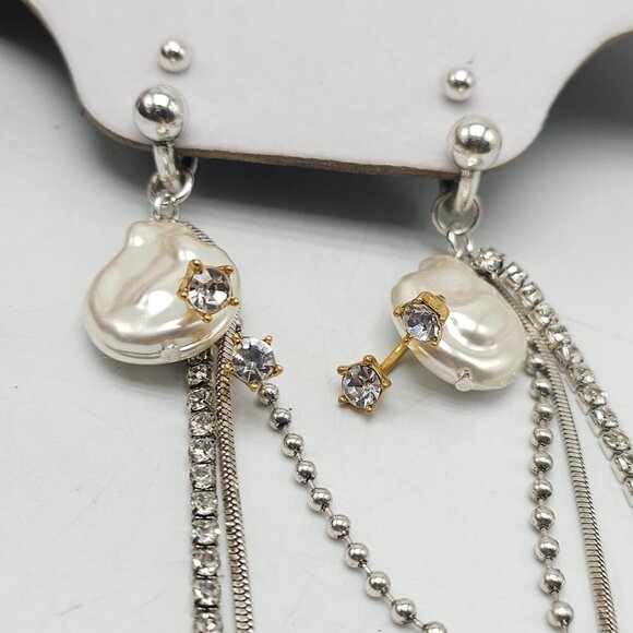Zara Statement Faux Pearl Chain Drop Earrings With Gold Silver Tone Accents - Picture 6 of 7